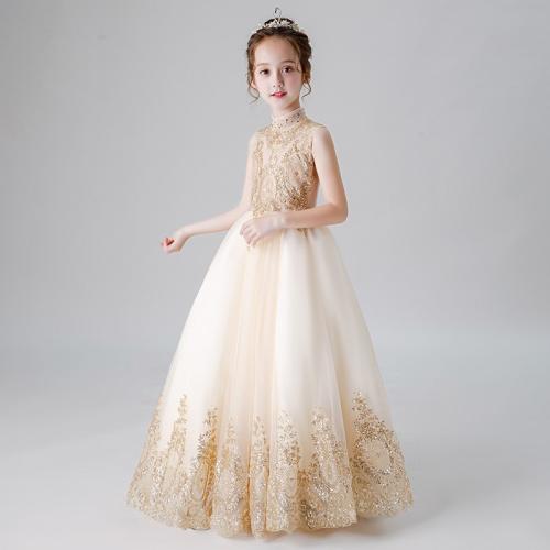 Polyester Robe d’une seule pièce de fille Patchwork Solide Champagne pièce