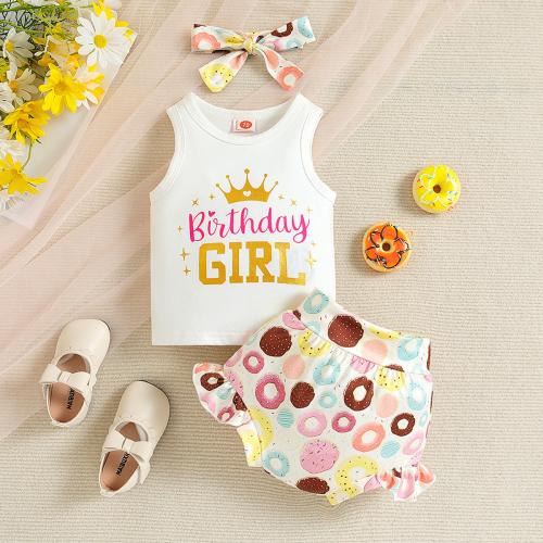Cotton Girl Clothes Set & three piece Hair Band & tank top & Pants printed Others multi-colored Set