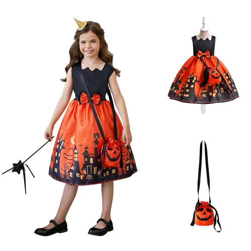 Polyester Enfants Halloween Cosplay Costume Imprimé Solide Orange pièce