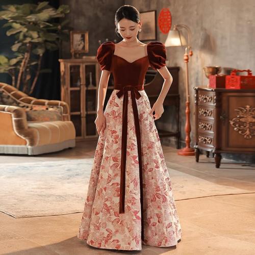 Polyester Robe longue de soirée Patchwork Solide vin rouge pièce