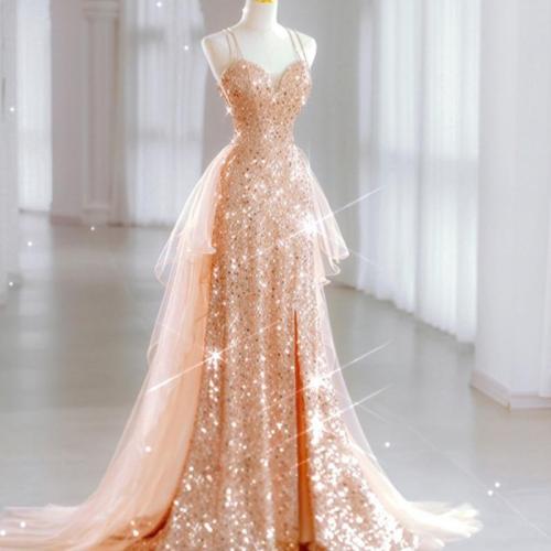 Paillettes & Polyester Robe longue de soirée Solide Or pièce