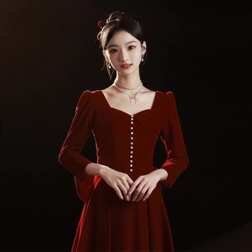 Polyester Robe longue de soirée Patchwork Solide vin rouge pièce