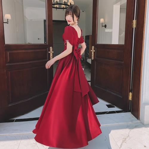Polyester Robe longue de soirée Patchwork Solide vin rouge pièce