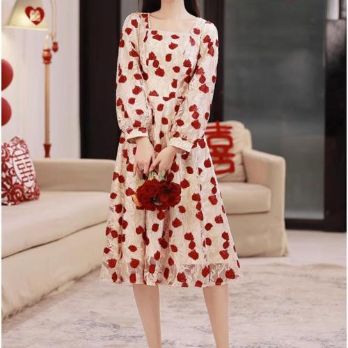 Polyester Robe de soirée courte Patchwork Solide vin rouge pièce