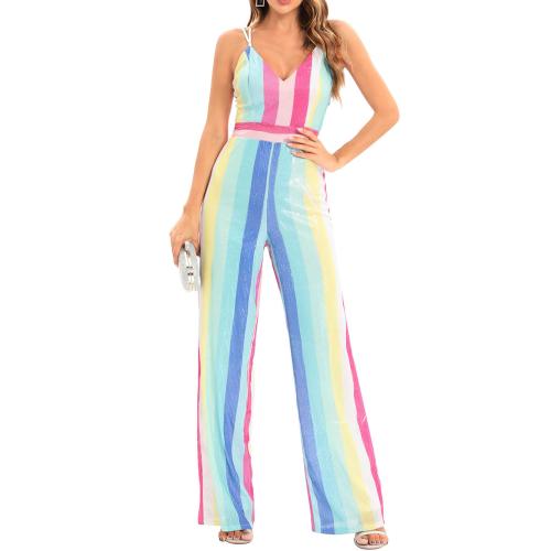 Polyester Slim Long Jumpsuit deep V & backless patchwork Others PC