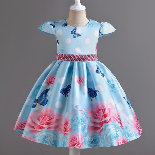 Polyester Robe d’une seule pièce de fille Imprimé Floral Bleu pièce