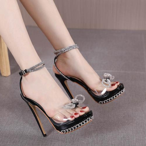 Rubber & PU Leather Stiletto High Heels Fish Head Sandals pointed toe & breathable bowknot pattern Pair