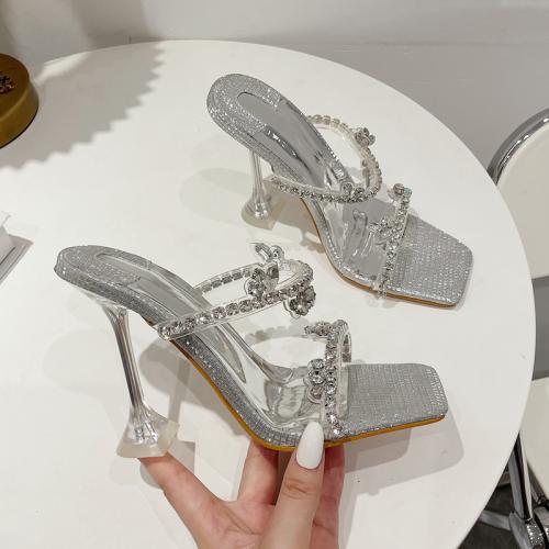 Rubber & PU Leather High Heels Fish Head Sandals & breathable & with rhinestone Pair