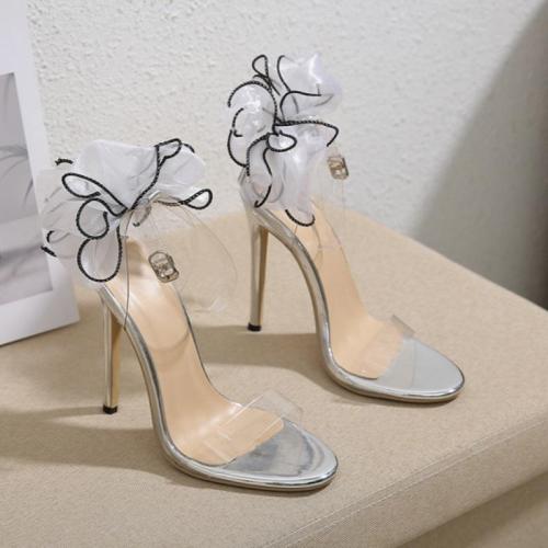 Rubber & PU Leather High Heels Fish Head Sandals round toe & breathable silver Pair