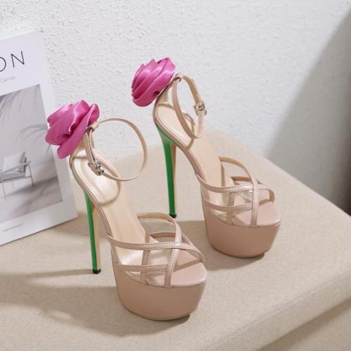 Rubber & PU Leather High Heels Fish Head Sandals & breathable Apricot Pair