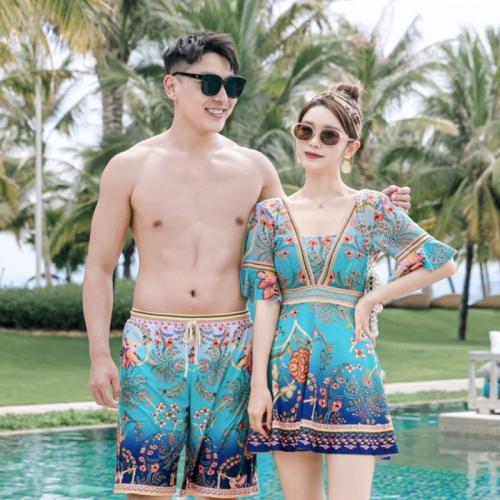 Polyester Couple Swimming Wear  printed shivering PC