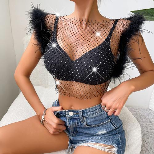 Polyamide Slim Women Short Sleeve Blouses & hollow black PC