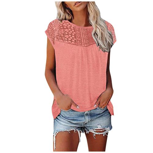 Polyester Women Short Sleeve T-Shirts slimming & hollow patchwork Solid PC