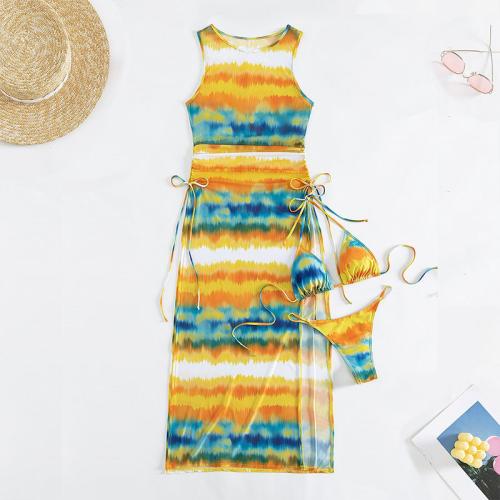 Polyester Bikini & three piece & padded printed striped multi-colored Set