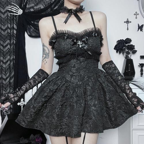 Polyester Slim Slip Dress backless patchwork Solid black PC