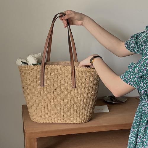 Paper Rope Easy Matching Woven Shoulder Bag large capacity PU Leather coffee PC