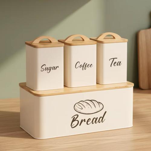 Carbon Steel Food Storage Container Box tight seal & dustproof & four piece printed letter beige Set