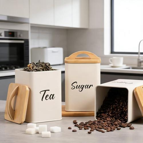Galvanized Iron Food Storage Container Box tight seal & dustproof & three piece Bamboo & Silicone printed letter Set