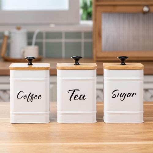 Carbon Steel Food Storage Container Box tight seal & dustproof & three piece Wood printed letter Set