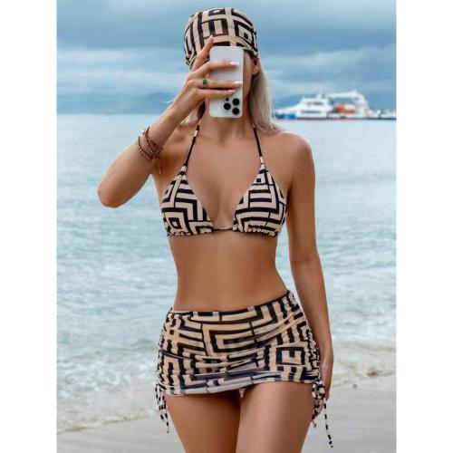 Polyester Bikini backless & four piece & padded printed geometric Set