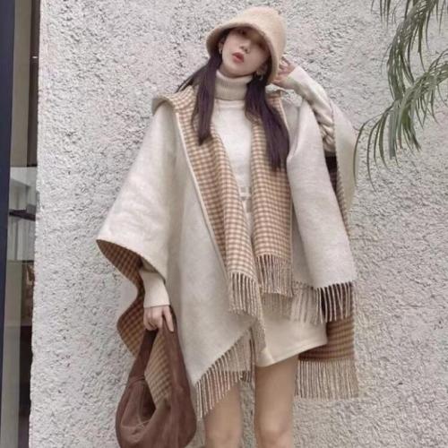 Gemischter Stoff Mantel Poncho, Jacquard, Plaid, Beige,  Stück