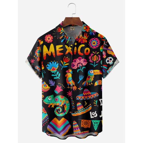 Polyester Plus Size Men Short Sleeve Casual Shirt printed black PC