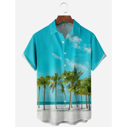 Polyester Plus Size Men Short Sleeve Casual Shirt printed blue PC