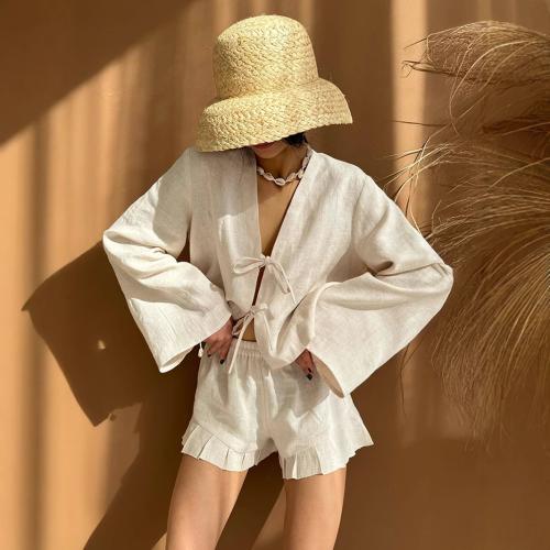 Cotton Women Casual Set & two piece & loose short pants & top patchwork Solid Set