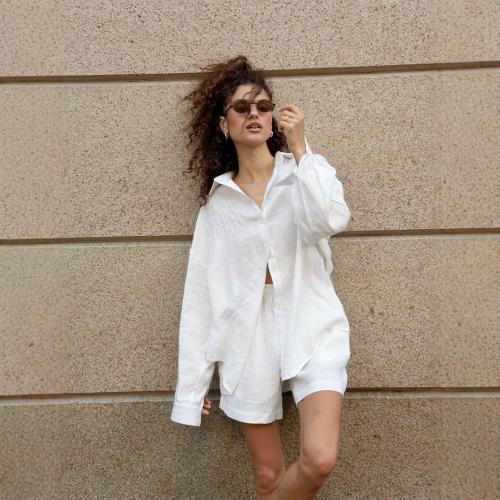 Cotton Women Casual Set & two piece & loose short pants & long sleeve shirt patchwork Solid Set