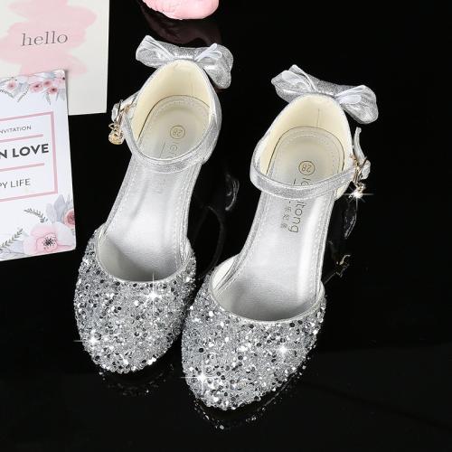 Beef Tendon & Microfiber PU Synthetic Leather with bowknot & chunky Girl Kids Shoes Plastic Sequins Pair
