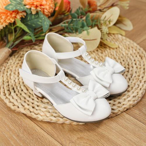 Microfiber PU Synthetic Leather & Thermo Plastic Rubber with bowknot & chunky Girl Sandals Solid white Pair