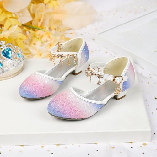 Beef Tendon & Microfiber PU Synthetic Leather chunky Girl Sandals Plastic Sequins multi-colored Pair