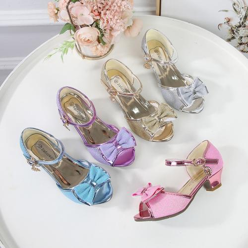 Beef Tendon & Microfiber PU Synthetic Leather with bowknot & chunky Girl Sandals Plastic Sequins Pair
