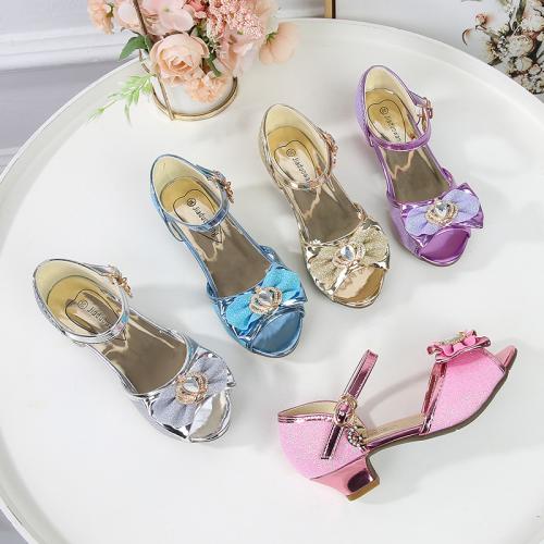 Beef Tendon & Microfiber PU Synthetic Leather with bowknot & chunky Girl Sandals Pair