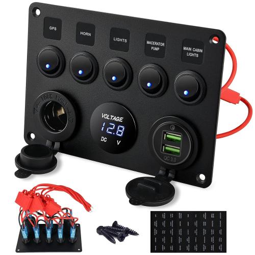 Waterproof Boat-Style Switch with Cigarette Lighter, Dual Usb, Voltage Meter 12-24V