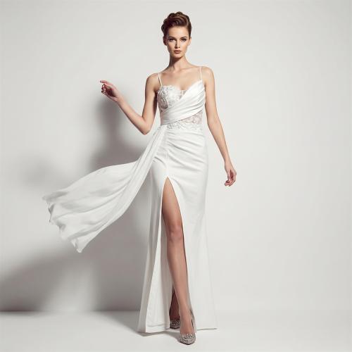 Satin & Chiffon Langes Abendkleid, Pailletten, Bestickt, mehr Farben zur Auswahl, Stück