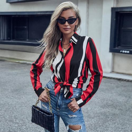 Polyester Frauen Langarm Shirt, Gedruckt, Gestreift, Rot, Stück