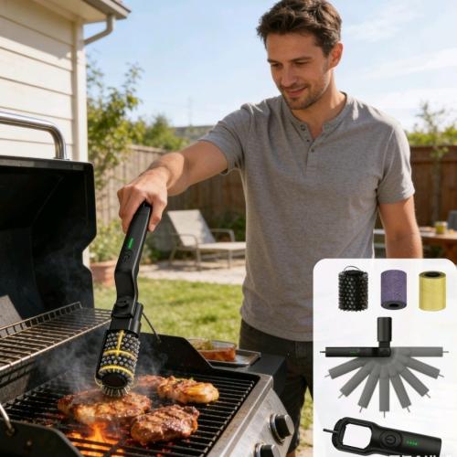 Plástico ABS & Acero inoxidable Cepillo de limpieza de barbacoa, negro, trozo