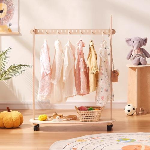 Solid Wood Multifunction Clothes Hanging Rack for children & durable & with caster beige PC