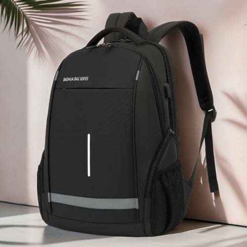 Oxford reflective Backpack hardwearing & with USB interface & waterproof & breathable Polyester black PC