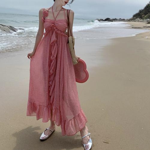 Polyester Slim Slip Dress backless pink PC