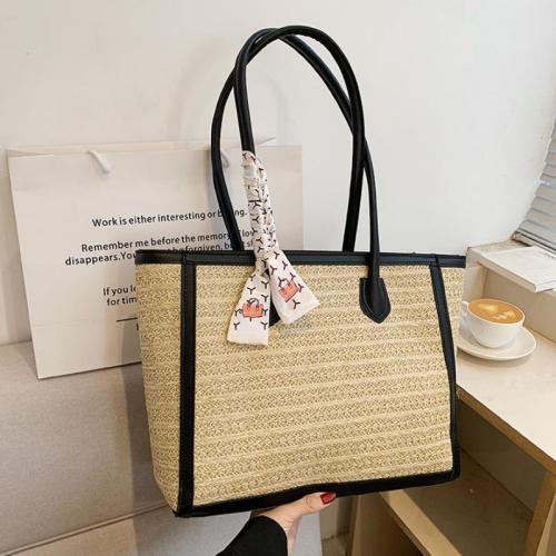 Straw & PU Leather Tote Bag & Easy Matching Woven Shoulder Bag large capacity PC