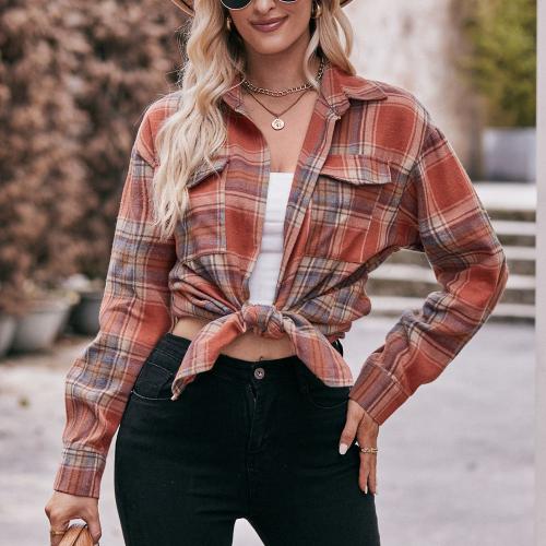 Polyester Soft Women Long Sleeve Shirt slimming & thermal printed plaid PC