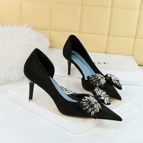 Chiffon & PU Cuir Chaussures à talons hauts Noir Paire