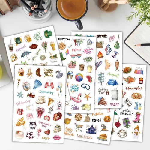 Pressure-Sensitive Adhesive & Paper Decorative Sticker, six piece, printed, multi-colored,  Set