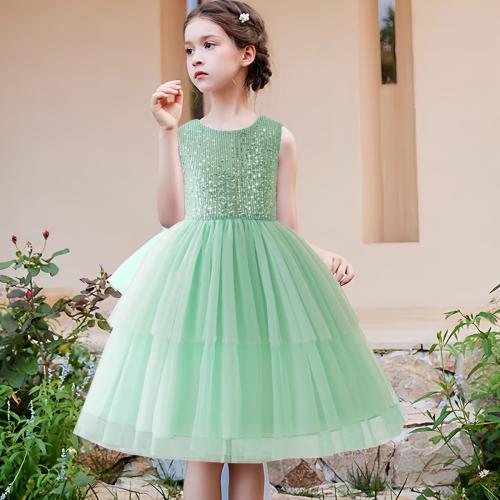 Sequin & Gauze & Polyester Girl One-piece Dress Cute green PC