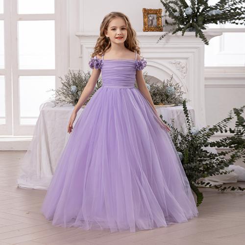 Gauze & Polyester Princess Girl One-piece Dress large hem design & off shoulder Solid purple PC