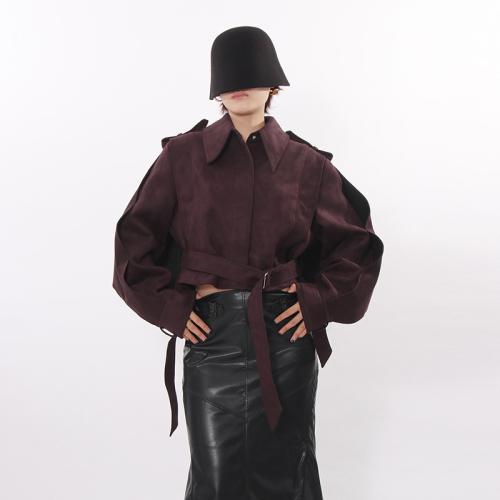 Polyester Women Long Sleeve Shirt & with belt & loose Solid wine red PC