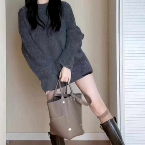 Polyester Women Sweater mid-long style Solid gray PC