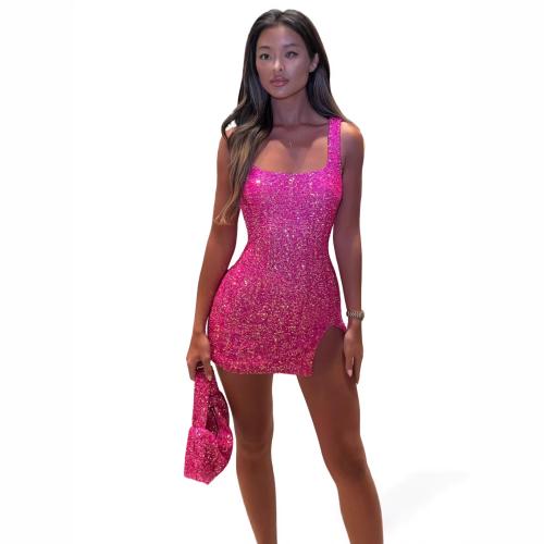 Rib Fabric & Polyester Slip Dress side slit & above knee Sequin Solid PC